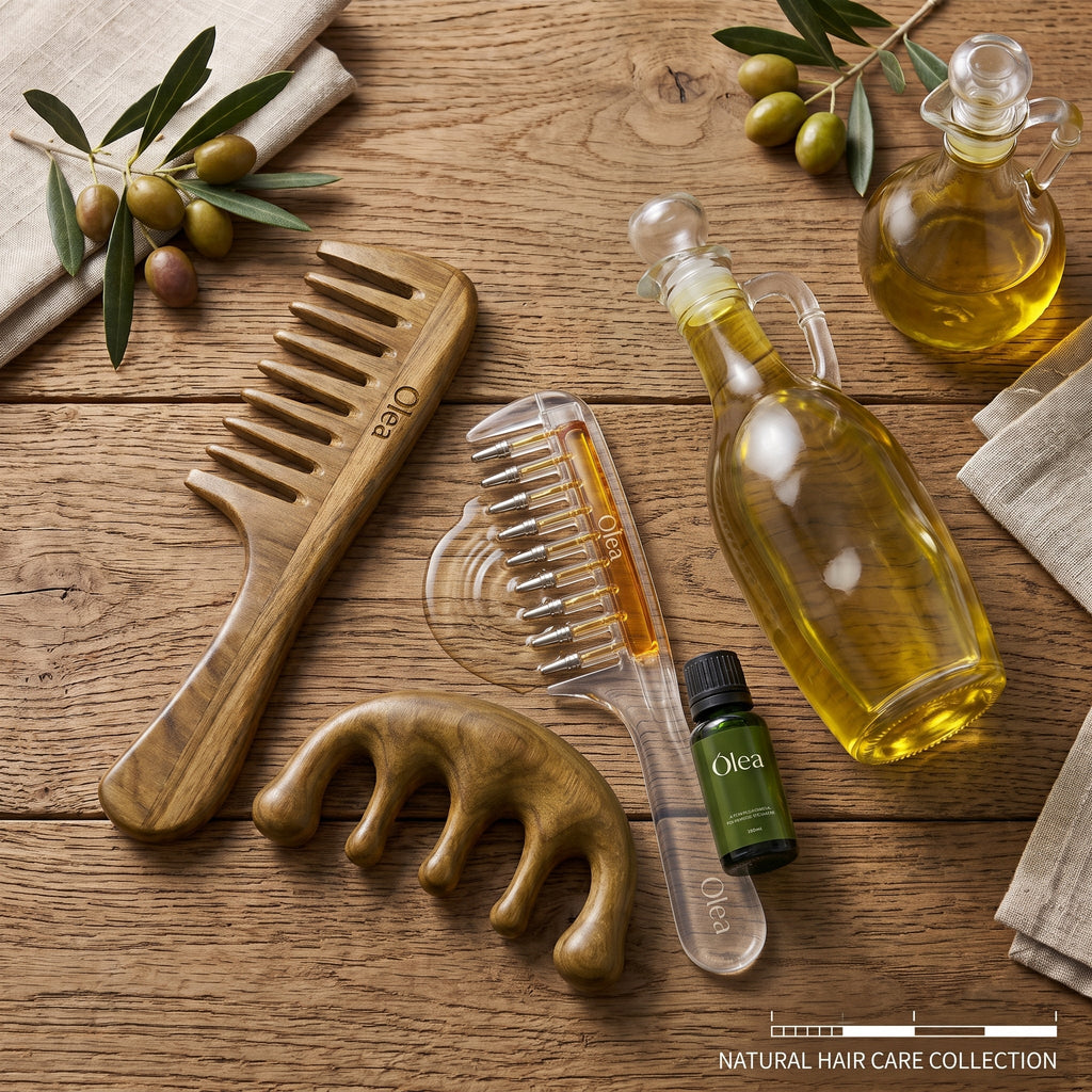 Kit Ritual completo OLEA: peine aplicador de aceite y masajeador de madera sobre tabla de madera, con aceite de oliva y ramas de olivo